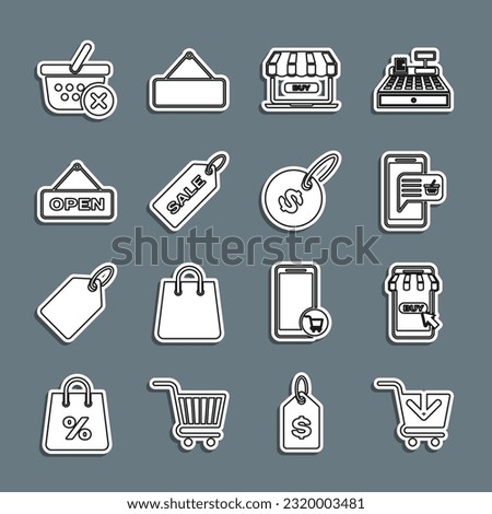 Set line Add to Shopping cart, Mobile and shopping, basket, Online, Price tag with Sale, Hanging sign Open door, Remove and dollar icon. Vector
