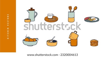Kitchen set hand-drawn illustration of cooking tools and dishes. Kitchen items, cooking equipment vector drawing. 