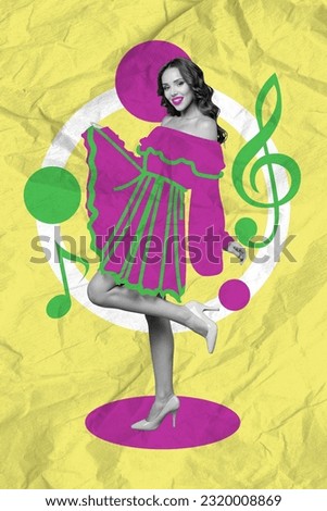 Vertical collage picture of positive gorgeous black white effect girl dancing painted melody notes isolated on yellow paper background