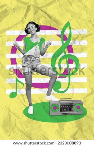 Vertical collage picture of cheerful positive black white gamma girl demonstrate v-sign boombox music drawing notes isolated on paper yellow background