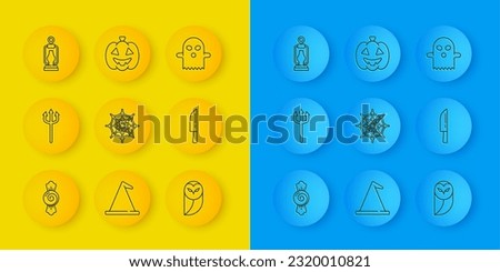 Set line Candy, Neptune Trident, Spider web, Owl, Knife, Camping lantern, Ghost and Pumpkin icon. Vector