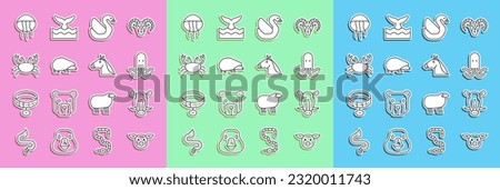 Set line Pig, Wild boar head, Octopus, Swan bird, Hedgehog, Crab, Jellyfish and Horse icon. Vector