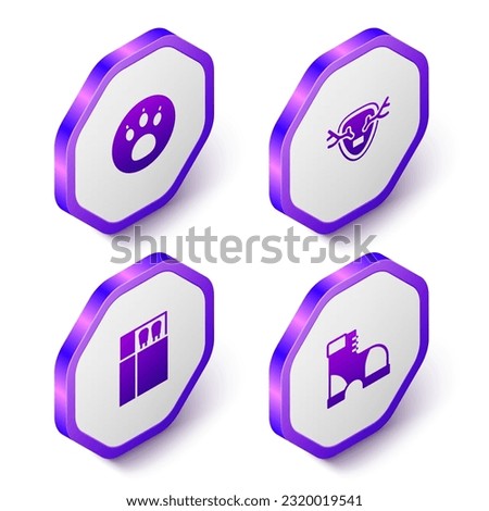 Set Isometric Paw search, Deer antlers on shield, Open matchbox and matches and Hunter boots icon. Purple hexagon button. Vector