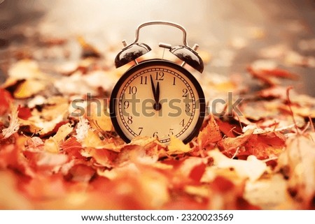 alarm clock on autumn leaves natural background Royalty-Free Stock Photo #2320023569