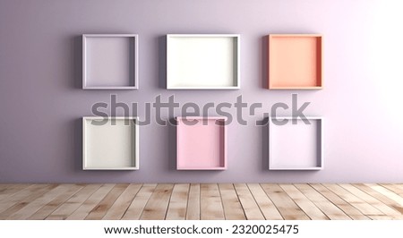 Abstract minimal concept. Pastel multi colour background with empty blank photo frames, abstract landscape. Mock up template for product presentation. 3D rendering. copy text space	

