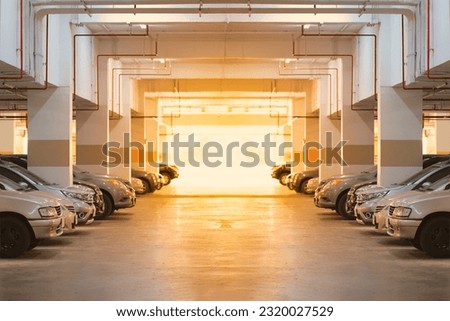 Close-up shot of parking lot with sunlight effect. Royalty-Free Stock Photo #2320027529