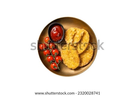 Roast Hash brown potato, Vegetable fritters in a plate with tomato sauce. Isolated on white background Royalty-Free Stock Photo #2320028741