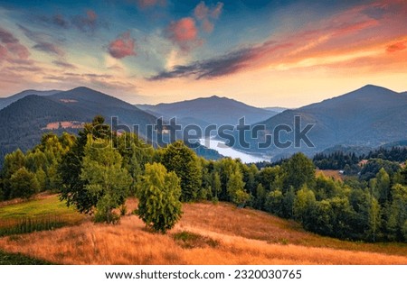 Rural summer scene of the shoere of Lacul Dragan lake, Cluj County, Romania, Europe. Superb sunrise on Apuseni Mountains. Beauty of nature concept background. Royalty-Free Stock Photo #2320030765