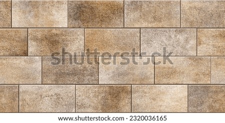 natural beige brown brick wall background, exterior rustic finish ceramic wall tiles, fireplace interior design, random floor tiles blocks, paving garden and parking area, compound wall construction  Royalty-Free Stock Photo #2320036165
