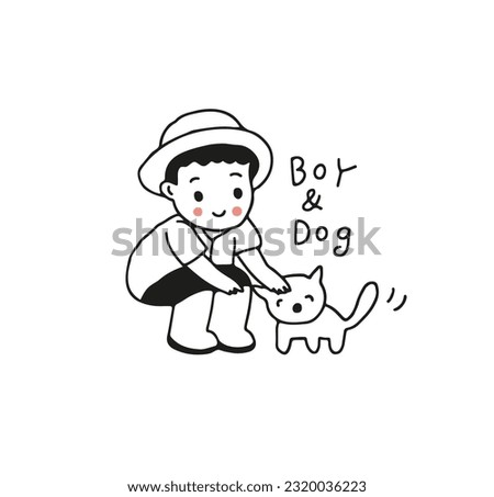 Boy play with dog, outline drawing style vector