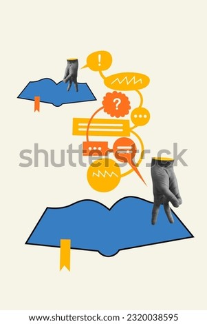 Creative illustration metaphor collage picture of two fingers person human imagination dialogue readers books isolated on grey background
