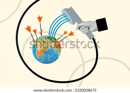 Creative collage picture of black white effect arm hold shower wash planet earth mini globe growing flowers isolated on painted background
