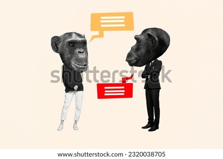 Cartoon sketch collage picture of funny chimp monkey head workers communicating isolated beige color background