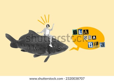 Photo collage minimal artwork of excited funky lady riding fish telling bla bla isolated beige color background Royalty-Free Stock Photo #2320038707