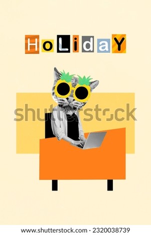 Collage picture of funky tiger head lady wear pineapple glasses working dreaming holiday isolated drawing background