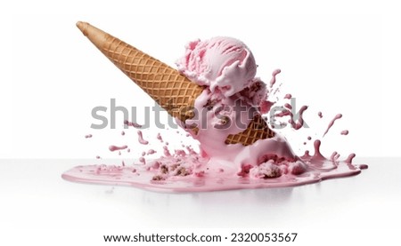 A soft strawberry ice cream cone with swirling splashes, crushed on the floor. Sweet cream dessert, frozen summer dessert with dairy products