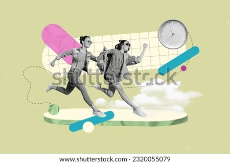 Collage competition of two girls running fast speed hurry up way timer clock productivity no time action isolated on green background Royalty-Free Stock Photo #2320055079