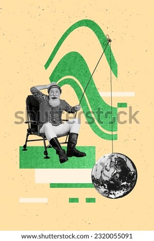 Creative collage picture of funny retro old man fisherman surprised grandfather catching dirty planet earth isolated on drawn background