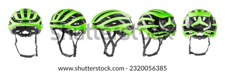 Set of green bicycle helmets with side, front and back views. Isolated on white background.