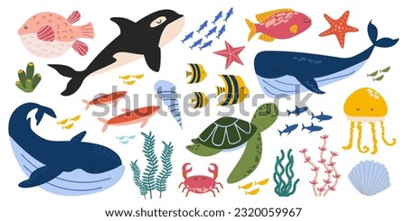 Large vector set of sea animals, fish, turtles, whales, jellyfish, algae, shells. Ocean animals, underwater world. Marine life. Vector collection of ocean inhabitants in flat style. White background. Royalty-Free Stock Photo #2320059967