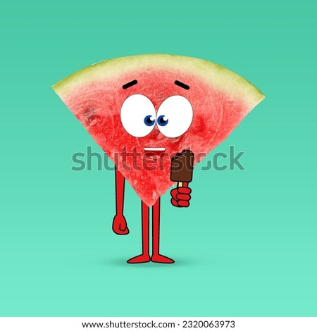 Creative artwork. Happy watermelon with ice cream. Slice of fruit with drawings on turquoise background