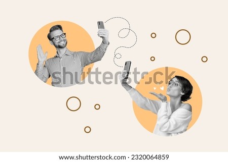 Photo sketch collage picture of happy smiling couple meeting dating app modern devices isolated beige color background