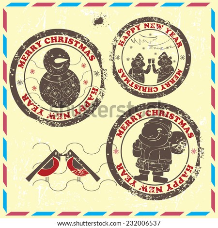 Postmarks  for New Year and Christmas. Set contains postmarks with   images of  snowman,Santa,cats and bullfinches on vintage background.