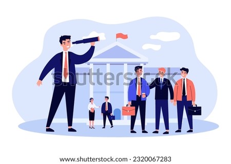 Government official or lawyer looking through spyglass. Public sector workers with briefcases in front of government building with flag vector illustration. Public sector, government, society concept Royalty-Free Stock Photo #2320067283