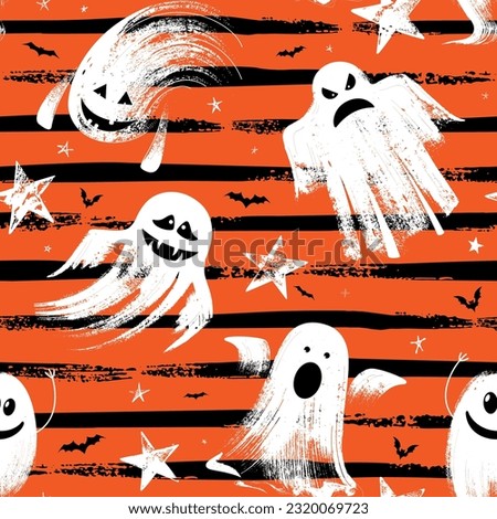 Happy halloween illustration. Seamless pattern with cartoon characters. Cute white ghosts and bats on the orange background.

