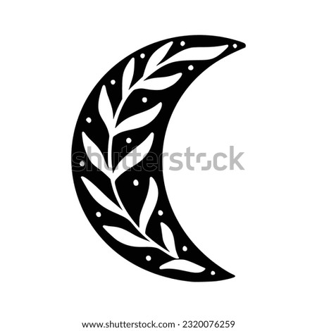 Boho Floral Crescent Moon Clipart. Vector Illustration Isolated on White Background. Celestial Magic Icon. Mystic Crescent Moon in Linocut Style. Cosmic Element for Logo, Poster, Packaging Design