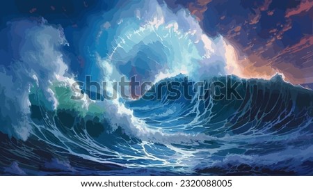 Bright lightning in a raging sea. A strong storm in the ocean. Big waves. Night thunderstorm. Dark tones. The power of raging nature. Seascape, artwork. Vector illustration design Royalty-Free Stock Photo #2320088005