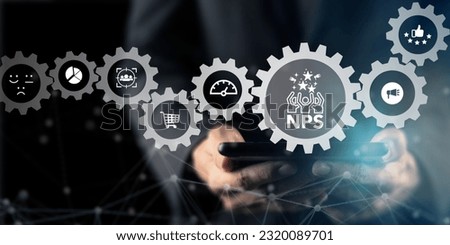 Net Promoter Score (NPS) measuring customer satisfaction and loyalty concept.Tool for measure customer loyalty and improvement products or services. Businessman working NPS on tablet with smart screen Royalty-Free Stock Photo #2320089701