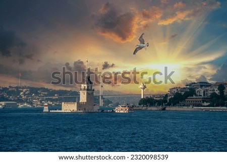 Maiden's Tower and magnificent sunset view in Istanbul. Royalty-Free Stock Photo #2320098539