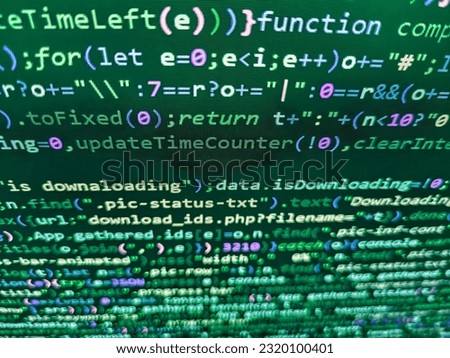 Abstract modern virtual computer script. Web developer HTML code with CSS on screen. Blue green cyan color. Web design business working t. Programmer working on computer screen