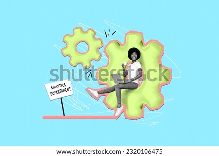 Creative template graphics collage image of smiling lady working modern device analytics department isolated colorful background