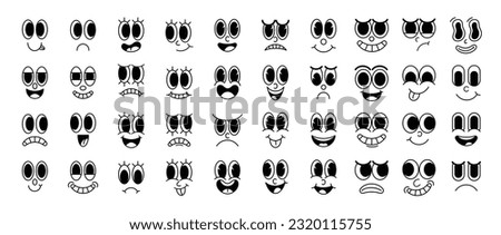 Set of 70s groovy comic faces vector. Collection of cartoon character faces, in different emotions, happy, angry, sad, cheerful. Cute retro groovy hippie illustration for decorative, sticker. Royalty-Free Stock Photo #2320115755