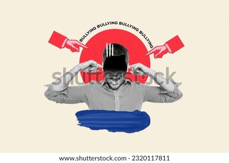 Creative collage picture of people arms point fingers bullying black white effect crazy stressed guy covering ears isolated on painted background