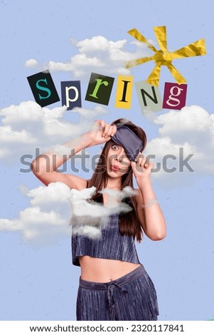 Vertical collage picture of girl sleeping mask peeking look clouds sky sun spring isolated on painted background