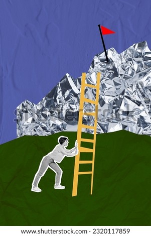 Vertical collage picture of positive mini black white gamma girl climb ladder mountain top flag isolated on drawing background
