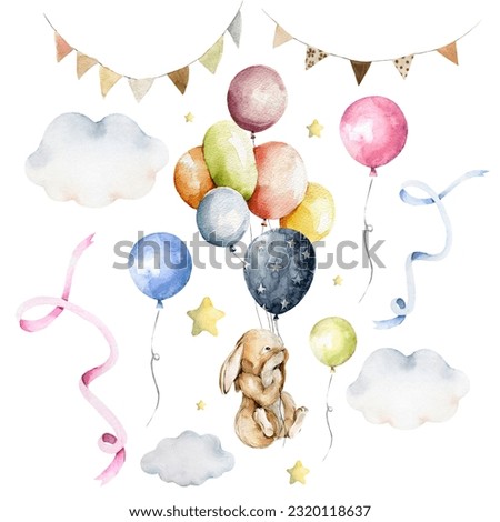 Watercolor baby birthday party set Hand painted clouds, air balloons, cute little flying bunny, rabbit, stars, garland. Isolated on white background Illustration for baby shower invite, nursery decor