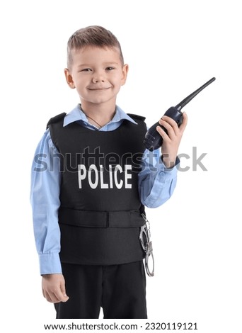 Funny little police officer with radio transmitter on white background