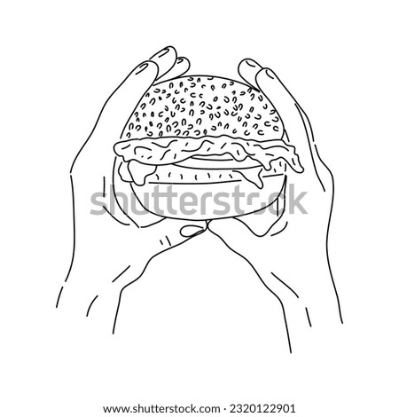 Hand holding hamburger. Sketch doodle hand drawn. Vector illustration.