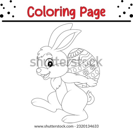 happy Easter bunny carrying egg Coloring page. Easter bunny rabbit cartoon character in black and white outline.