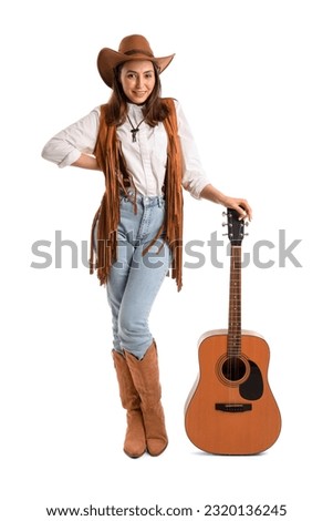 Beautiful cowgirl with guitar on white background