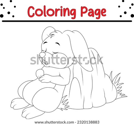 Happy Easter bunny rabbit cartoon character in black and white outline. Easter coloring book page for kids