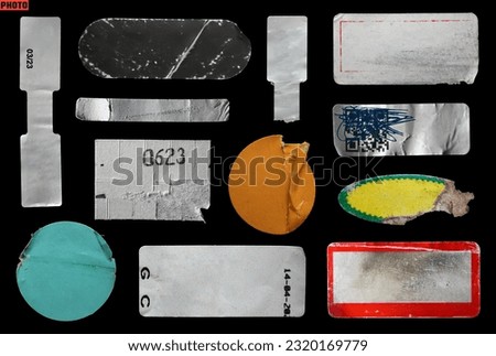 collection of blank old sticker, label, price tag template for mockup. isolated dirty, ripped, half peeled stickers
