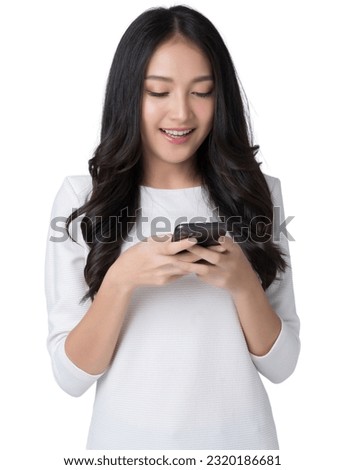 Young Asian woman texting message using mobile phone application on Isolate die cut on white background