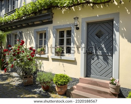 Natural plants in pots in front garden near old house door wall in village. Traditional floral decoration of building in Germany, scenic background 