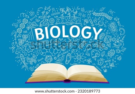 Biology textbook on school chalkboard background, vector education book. Biology classes open textbook with chalk doodle DNA molecule, microorganism cells and microscope for student science study Royalty-Free Stock Photo #2320189773
