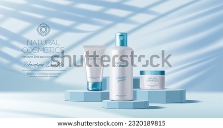 Turquoise blue podium with cosmetics mock up on product display, vector background. Premium skincare cosmetics, face cream or moisturizer and lotion containers on blue turquoise podium pedestals Royalty-Free Stock Photo #2320189815